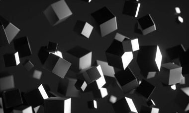 Kaotik parçacıkların soyut 3d render. Scifi boş uzayda küpler. Fütüristik bir arka plan. 3d render - İllüstrasyon