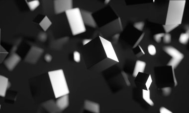 Kaotik parçacıkların soyut 3d render. Scifi boş uzayda küpler. Fütüristik bir arka plan. 3d render - İllüstrasyon