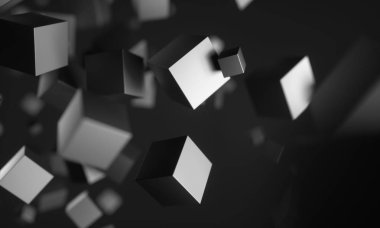 Kaotik parçacıkların soyut 3d render. Scifi boş uzayda küpler. Fütüristik bir arka plan. 3d render - İllüstrasyon