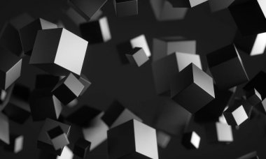 Kaotik parçacıkların soyut 3d render. Scifi boş uzayda küpler. Fütüristik bir arka plan. 3d render - İllüstrasyon