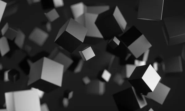 Kaotik parçacıkların soyut 3d render. Scifi boş uzayda küpler. Fütüristik bir arka plan. 3d render - İllüstrasyon