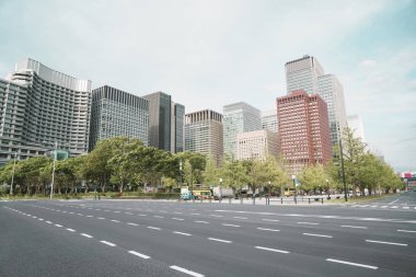 Tokyo 'da modern bir şehirde ağaç ve yol ile bir grup bina. -Görüntü