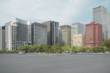 Tokyo 'da modern bir şehirde ağaç ve yol ile bir grup bina. -Görüntü