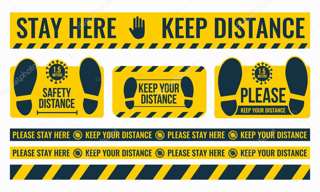 Social Distancing. Please Keep Your Distance. Safe distance. Place the yellow floor sticker at a distance from the floor. Marking tape where there are a lot of people. Vector image.