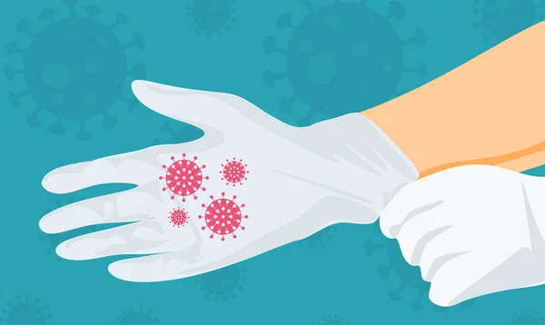 Τα αντρικά χέρια κοντά. Φορώντας λευκά χειρουργικά γάντια. Ως σύμβολο προστασίας από ιούς και βακτήρια. Υπάρχουν ιογενή βακτήρια στα γάντια. Επίπεδη σχεδίαση. — Διανυσματικό Αρχείο