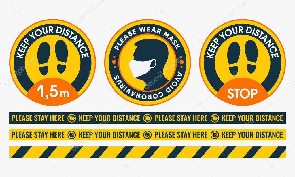 Floor stickers. Collection of Social distancing for print. Please Keep Your Distance. Please wear mask. Marking tape where there are a lot of people. Stop, keep your distance.