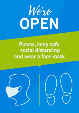 Karantinadan sonraki iş açılışının afişi. Sosyal uzaklık. Lütfen mesafeyi koruyun ve yüz maskesi takın. Koronavirüsten kaçının. Düz tasarım.