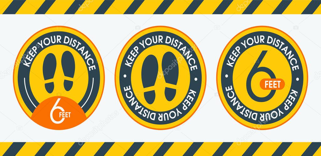 Set sign Keep your distance 6 feet. Floor marking shoe prints. Round floor marking. Shoe prints social distancing instruction icon. Vector image. Flat simple design.