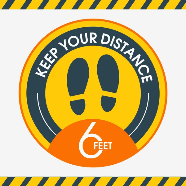 Social distance.Please keep your distance. Stay 6 feet apart. Yellow Information stickers. Round yellow floor marking shoe prints. Social distancing Instruction Icon. Vector Image. For public places — 스톡 벡터