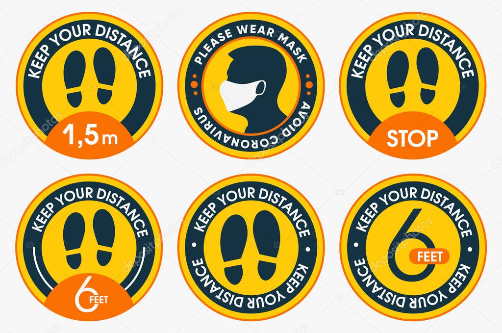 Please keep your distance. Collections of social distancing marking round floor stickers. To protect yourself from the covid-19 coronavirus. Vector flat design.