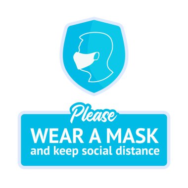 Mavi baskılı sosyal mesafe. Lütfen maske takın ve sosyal mesafeyi koruyun. Koronavirüs bulaşmasın diye. Beyazda izole edilmiş.