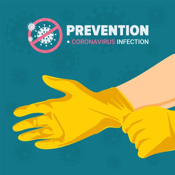 Τα αντρικά χέρια κοντά. Πρόληψη του κορωνοϊού. Φορώντας κίτρινα γάντια ενάντια σε ιούς και βακτήρια. Επίπεδη σχεδίαση. Σταματήστε το covid-19. — Διανυσματικό Αρχείο