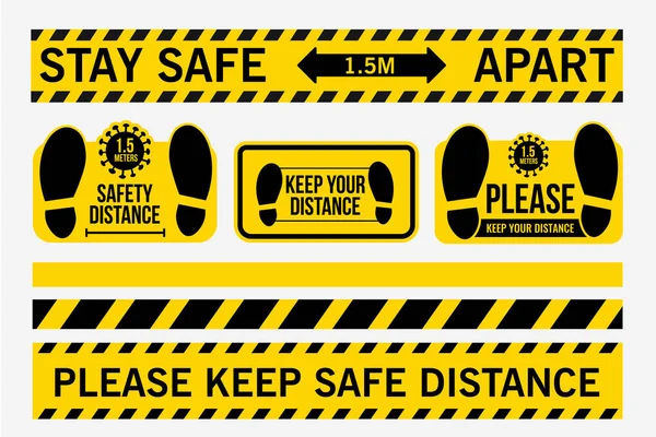 Restez en sécurité à 1,5 mètre d'intervalle. Gardez vos distances de sécurité. Ligne autocollant plancher. Distance de soutien, ruban adhésif, centres commerciaux, écoles, hôpitaux, ascenseur. Pour l'ouverture des bussins — Image vectorielle