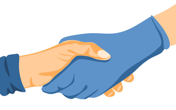 Handshake with latex gloves and without gloves. Protection against covid-19.