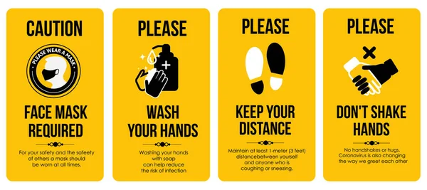 Шаблоны подписей. Карта осторожности. Нужна маска для лица. Пожалуйста, вымой руки. Держи дистанцию. Не пожимайте руки. Для ванной, туалета, где собирается много людей. Защитить от — стоковый вектор