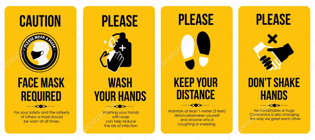 Sign Poster Templates. Caution Card. Face mask required. Please Wash your hands. Keep your distance. Dont shake hands. For the bathroom, toilet, where a lot of people gather. To protect against