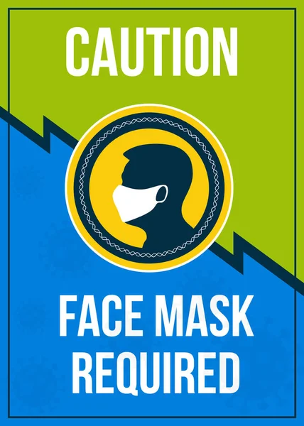 Szablon plakatu w kolorze zielonym i niebieskim. Wymagana ostrożność Maska do twarzy. — Wektor stockowy