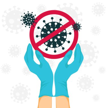 Coronavirus 'un dur sembolü. Eller yakın çekim. Tıbbi eldivenlerle. Virüs ve bakterilere karşı korunmanın sembolü olarak..