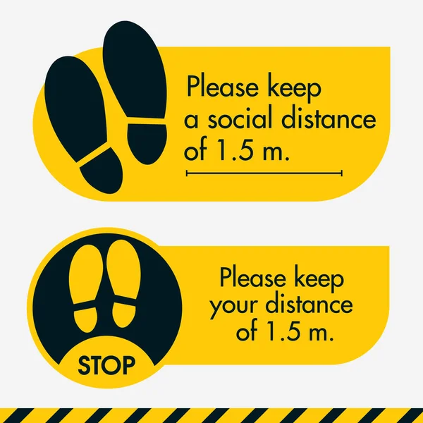 Houd Een Sociale Afstand Van Meter Twee Floor Sticker Gele — Stockvector