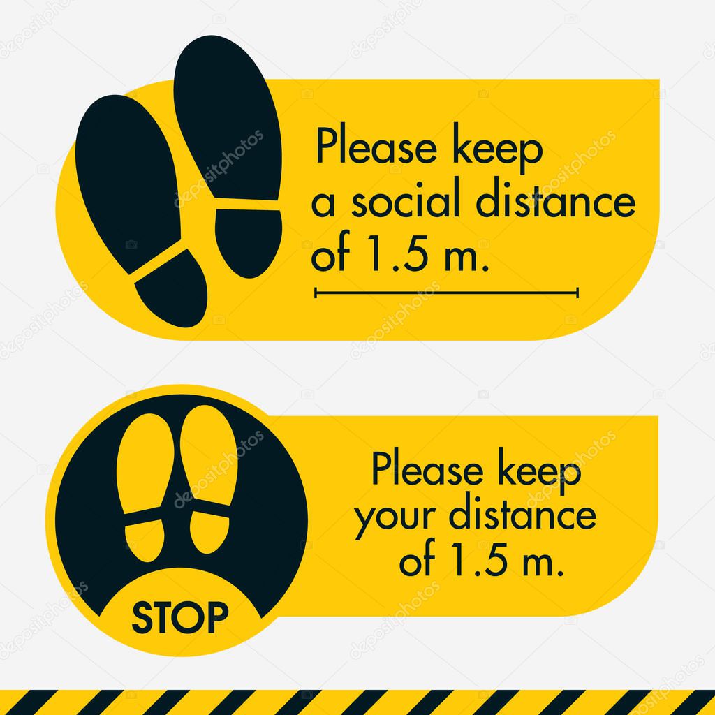 Please keep a social distance of 1.5 meter. Two Floor sticker yellow colors. Put it where it is required in stores and offices, shopping and business centers. To keep people at a distance.