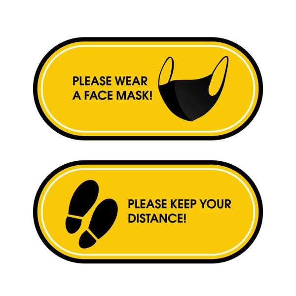 Please wear a face mask. Please keep your distance. Supporting distance, floor tape, shopping malls, schools, hospitals, elevator. For opening business — Stock Vector