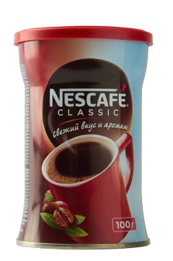 Minsk, Beyaz Rusya -03 Mayıs 2019: Nescafe Gold Blend hazır kahve yazıtlı zengin tat ve aromalar beyaz