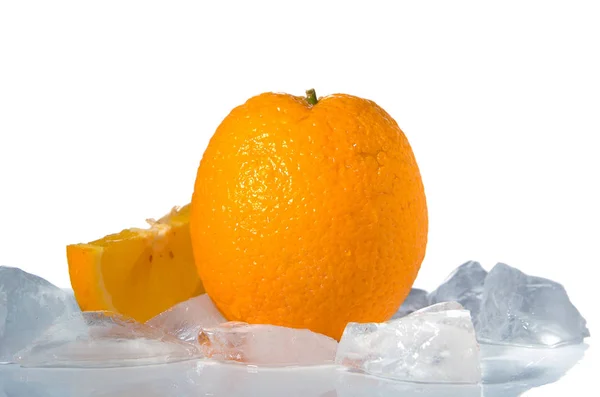 Orange orange with ice and orange slice isolated on white — Stock Photo, Image