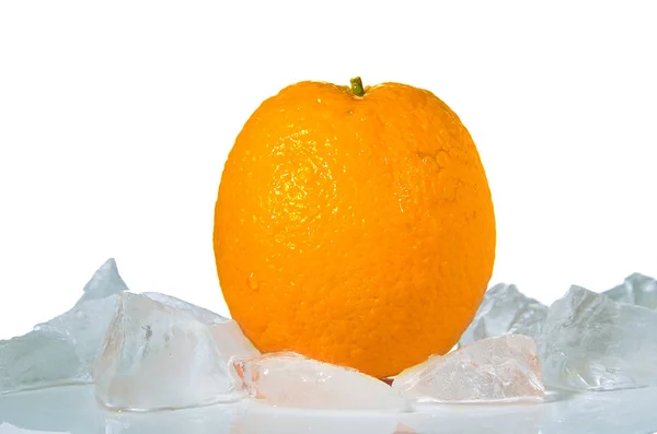 One orange orange with ice isolated on white — Stock Photo, Image