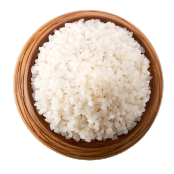 A panela de forma redonda cheia de arroz cozido isolado em branco — Fotografia de Stock