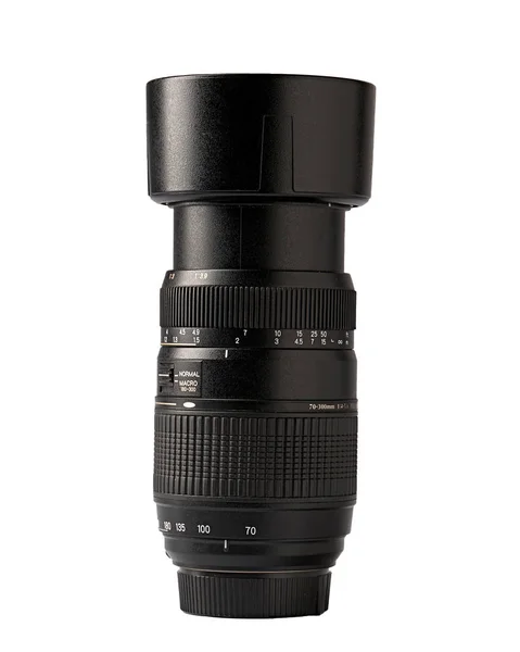 black tele macro lens with focal length 70-300 isolate on white background
