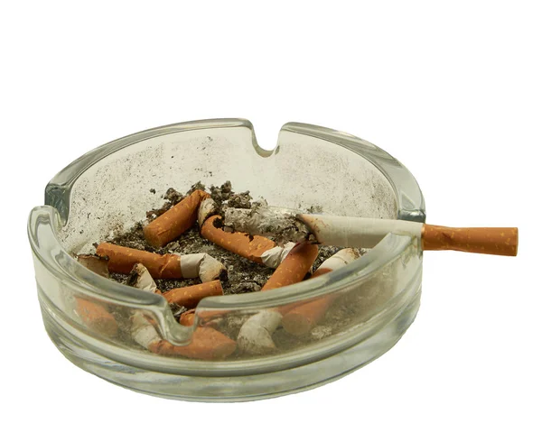 Ashtray with cigarette butts and smoldering cigarette isolated on white — Stock Photo, Image