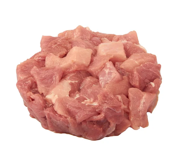 Świeże mięso pokrojone w kostkę, ułożone w kształcie okręgu na białym — Zdjęcie stockowe