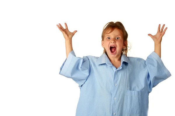 Child in father\'s shirt is outraged by raising his hands up isolated on white