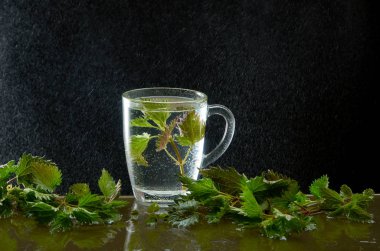 Isırgan yaprakları ve su tozu ile tıbbi Isırgan Çayı fincan