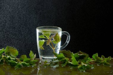 Isırgan yaprakları ve su tozu ile tıbbi Isırgan Çayı fincan