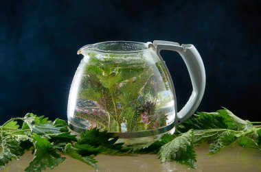 Siyah bir arka planda ısırgan yaprakları ve duman ile tıbbi Isırgan Çayı çaydanlık