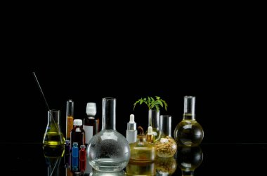 Siyah arka planda tıbbi şişeler taze bitki dalları