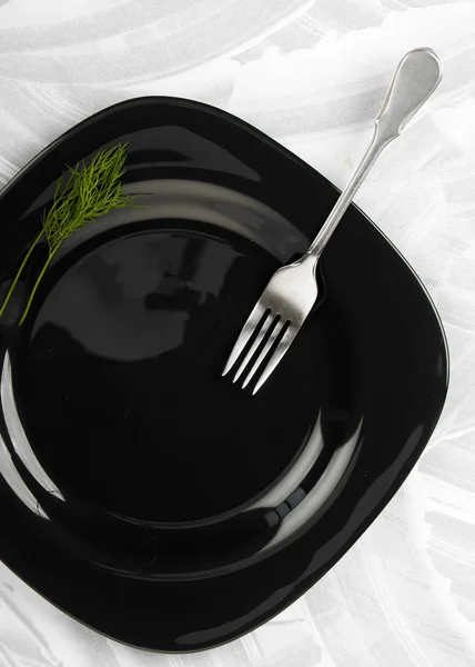 THE DARK SQUARE PLATE WITH FORK AND FENNEL ON A TEXTURED LIGHT BACKGROUND.