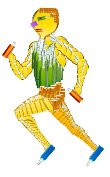 Εννοιολογικό κολάζ άνθρωπος από μπουκάλια αλκοόλ. Ο άνθρωπος που τρέχει από το αλκοόλ — Φωτογραφία Αρχείου