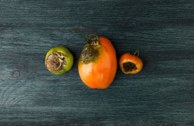 Arka planda sebzeler. Tahta bir yüzeyde hasta sebzeler. Kopyalama Alanı