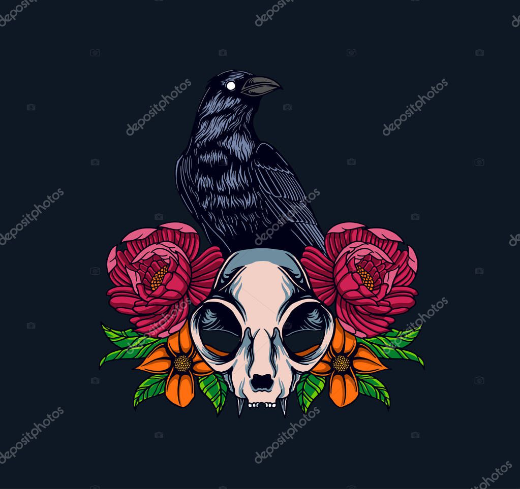 Raven and cat illustration
