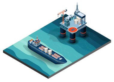 Petrol ve doğalgaz rafinerisi konsepti 3D izometrik off-shore petrol platformu, tanker, pompa, ulaşım, fabrika ve benzin istasyonu. Vektör illüstrasyonu. 