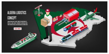 Modern izometrik Cezayir Global Lojistik, Depo Lojistiği, Deniz Taşımacılığı Lojistiği. Düzenlemek ve kişiselleştirmek kolay. Vektör illüstrasyonu
