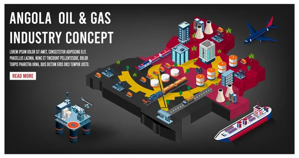 Angola petrol ve doğalgaz endüstrisinin modern izometrik kavramı. Offshore ham petrol çıkarma, ulaşım, rafineri fabrikası, yakıt tankeri tren tankları. Düzenlemek ve kişiselleştirmek kolay. Vektör illüstrasyonu