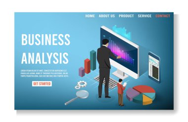 İş Analizi Stratejileri Modern İzometrik Tasarım Konsepti. Reklam araştırması, içerik ve tanıtım analizi. İniş sayfası şablonu. Vektör illüstrasyonu