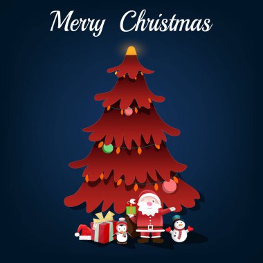 Noel Baba, kardan adam, Noel ağacı ve sevimli penguenin katılımıyla mutlu yıllar ve mutlu yıllar tebrik kartı. Posterler, afişler, satışlar ve diğer kış etkinlikleri için.