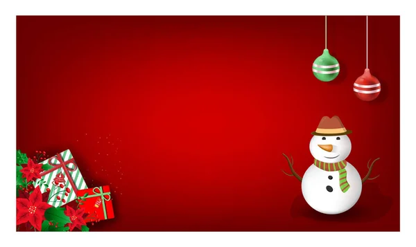 Красный Рождественский Декоративный Фон Реалистичной Коробкой Подарков Снеговик Блестящее Золото — стоковый вектор