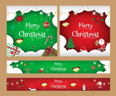 Kapaklar, davetiyeler, posterler, afişler ve markalaşma ve diğer kış etkinlikleri için el ilanları için Mutlu Noeller seti. Vektör illüstrasyonu EPS 10