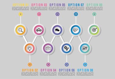 Vektör Infographics Elements Şablon Tasarım. Pazarlama Simgeleri ile İş Veri Görselleştirme Zaman Çizelgesi en yararlı sunum, diyagramlar, yıllık raporlar, iş akışı düzeni için kullanılabilir
