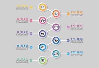 Vektör Infographics Elements Şablon Tasarım. Pazarlama Simgeleri ile İş Veri Görselleştirme Zaman Çizelgesi en yararlı sunum, diyagramlar, yıllık raporlar, iş akışı düzeni için kullanılabilir